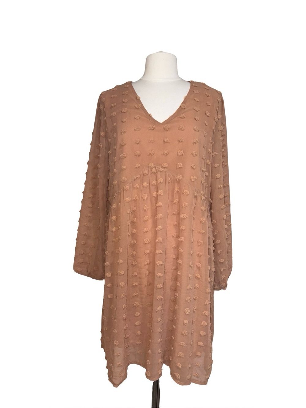 Swiss Dot Long Sleeve Mini Dress Women’s Size Large Peach/Tan Boho Babydoll